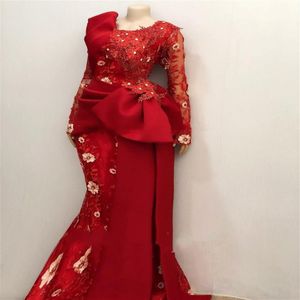 Африканские длинные рукава кружевную русалку вечерние платья 2021 Aso ebi длинные рукава складывают герметичные платья Peplum Red Prom Promp