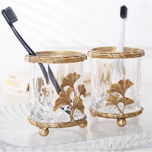 Storage Bottles Brass Glass Bucket Pen Holder Cup Cosmetic Brush Bottle Home Desktop Organizer Decorative Jar