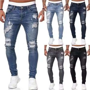 Tight jeans, trendy knee holes, zippered small foot slim fit pants, Jeans