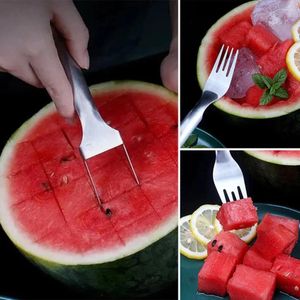 Gabeln Edelstahl Slicers Cutter Wassermelonen schneiden Lineal für den Sommer mit Doppelpur-Mehrzweck-Obstgabel