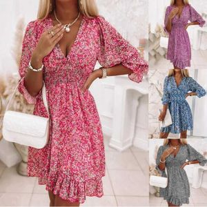 Two Piece Dress 2014 Womens Casual Summer Bohemian Print V-Neck Beach Floral Ruffle Mini Dresses Q240511