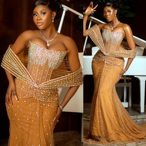 Aso Ebi 2024 Gold Mermaid Prom Dresses Beded Crystals Sealious Evening Party Second Second Second Sextree Enagement Promdress Organs LF018