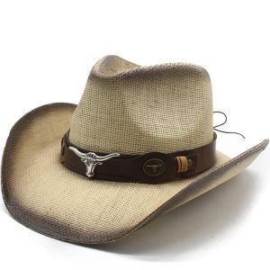 Håliga ut halm västerländsk cowboyhatt för män kvinnor sommar curling brim strand sol hattar panama cowgirl hattar utomhus fiske hatt