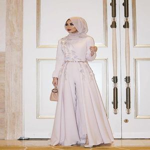 Ivory Long Sleeve Muslim Evening Dress Embroidery robe soiree Islamic dubai Hijab Evening Gowns Pantsuit Formal Prom Dress 322b