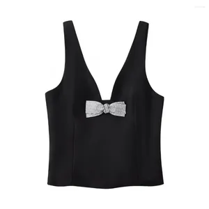 Kvinnors tankar Kvinnor Black V Neck ärmlös Tank Bow Front Slim Fit Camisole Crop Sling Tie Vest Summer Club kläder