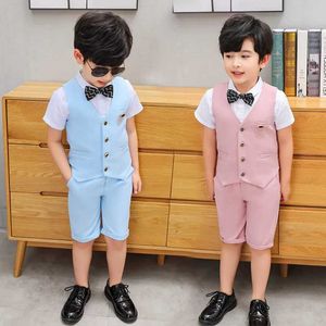 Anzüge Jungen Mädchen coole Sommerweste+kurze 2pcs formelle Hochzeitsanzug Gentleman Kids Performance Kleider Kinder Abschlusskleidung Set