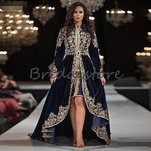Nya marockanska kaftan kvällsklänningar långärmad spetsar applikationer muslimska arabiska formella prom klänningar 2020 sammet hög låg dubai abaya kväll 281n