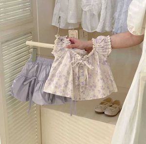Kläder sätter ny baby flicka sommar söt set tryckt topp+lila shorts prinsessan älskling set 1-6tl2405