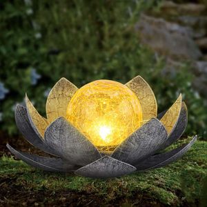 Aiiny Garden Solar Outdoor (uppsättning av 2), Cracked Globe Glass Lotus Decoration, Waterproof Metal LED Flower Light Lämplig för gårdar, gräsmattor, gångvägar,