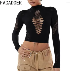 Women's T Shirts FAGADOER Black Sexy Hollow Knitting Thick Lace Crop Tops Women Half High Collar Long Sleeve Slim Clothing Fashion Matching