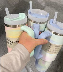 Quencher H2.0 Clean Slate Warm Cool Serene Cup 40oz Stainl Steel Mugg med handtagslock och halmresbil Tumbler Vattenflaskor 0513