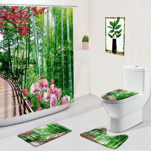 Cortinas de chuveiro Banheiro de flor de bambu verde Conjunto de banheiro de primavera cenário de primavera Floral Flanela não deslizamento Banho tape