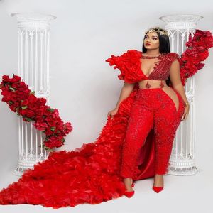 Luksusowe koraliki Czerwone Jumps Sukienki na studniówkę z odłączoną spódnicą Afrykańskie kryształowe marszki wieczorowe sukienki plus size formalne konkurs imprezowy GO 311I
