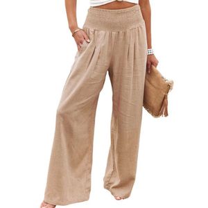 Calças femininas Capris Primavera e linho de algodão do verão Feminino calças soltas Casual Solid Solid Caist Plised Pleated Wide Perguas com bolsos Y240509