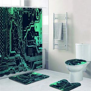 Занавески для душа крупным планом из зеленой компьютерной платы технологии ванная комната для ванной комнаты современный инженер -инженер занавес