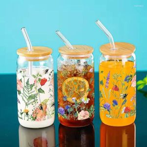 Weingläser 3d Blumendruck 16oz Glas Dose Tassen Mason Blasenwasserflasche mit Bambus Deckel Trinkset Soda Ice Coffee Tasse