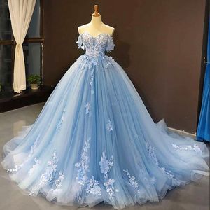 Vestidos de quinceanera de miçangas azuis claros do ombro, vestido de baile de renda com o ombro, vestido de tule para cima, vestidos de noite da princesa 2303