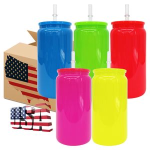 RTS 16oz Bright Candy Neon Farbe Sommer Berufung Cartoon Style BPA Free Kids Water Flasche Outdoor Picknick Soda -Saftglas mit PP Stroh für Vinyl Blank Sublimation