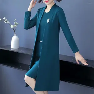 Sukienki robocze sukienka damska kombinezon solidny kolor elegancki w średnim wieku kobieta otwarta przednie długa kardigan o szyja