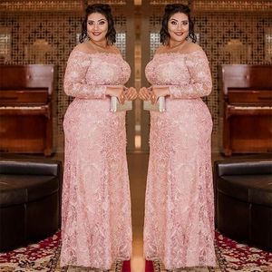 Light Pink Plus Size Lace Prom Dresses Sheer Jewel Neck Long Sleeves Evening Gown Sequined Column Floor Length Formal Dress Abiti Da Se 229g