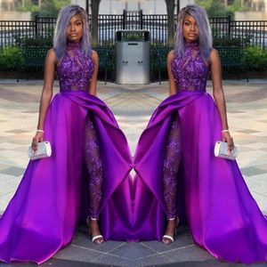 Klasyczne kombinezony sukienki balowe z odłączonym pociągiem wysoko szyi koronkowe aplikacje koraliki wieczorne suknie wieczorowe luksusowe afrykańskie imprezowe kobiety garnitury 219p