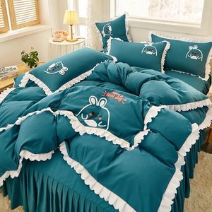 Sängkläder sätter koreanska broderier 4st. Set Sea Green Pillowcase Kit Quilt Cover Sheet Thicking Autumn Winter Warm