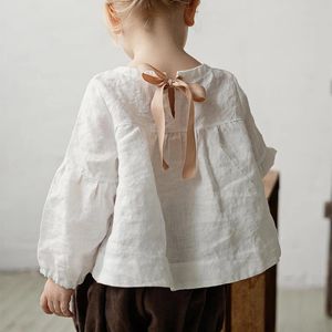 Flickor linne blusar Spring Autumn Fashion Bow Girl Forest Cotton and Linen Long-Sleeve Shirts TZ45 240512