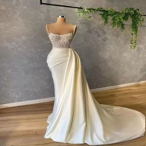 2022 Elastic Silk Like Satyn Luksusowe Perły Spaghetti długie sukienka imprezowa wieczorne cekiny z koralików Ruched Prom Gowns Siez pociąg 224o