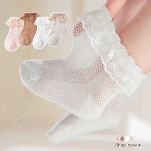 Barnstrumpor 1 par sommar baby socke ins enkelhet koreansk solid färg ruffle sock för småbarn flicka bomull tunt mesh andningsbar barn sock d240528