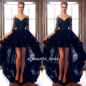 Short Front Long Back Black Lace High Low Prom Dresses with Sequins Mid Sleeves Spaghetti Straps Evening Party Formal Gowns ED1296 353d