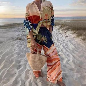 Damen zweisteuelhafte Hosen Vintage Geometrische Druck Frauen Sets Frühling Single Breasted Revers Shirt Weitbein Outfits Herbst Langarmanzug