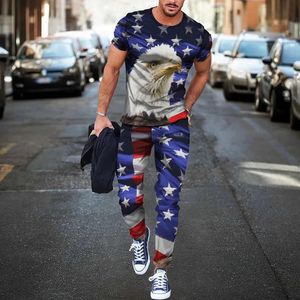 Mens T-shirt Long Pants Tracksuit American Flag 3D Print T Shirts Trousers Set 2 Pieces Streetwear Overdimased Sportswear 240511