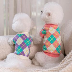 Hundekleidung bunte Diamantplaidpullover Pullover Herbst Winter Warm Kleidung Haustier Strickwege Teddy Fashion Pullover Zweibeinige