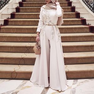 Ivory Long Sleeve Muslim Evening Dresses high neck 2019 Embroidery robe soiree Islamic dubai Hijab Evening Gowns Pantsuit Formal Prom D 2697