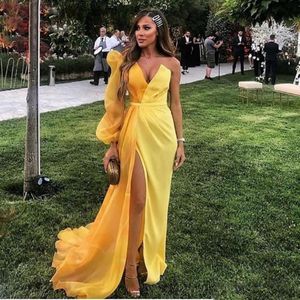 Yellow Dubai Formal Party Dress Women Long Sleeve Evening Gowns Elegant Slit Chiffon Muslim Evening Dresses 203A