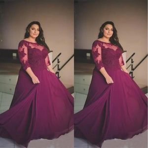 Plus Size Burgundy Prom Dresses Lace Applique Half Long Sleeve Evening Gowns Sheer Neck Special Cheap Formal Party Dresses SD3355 244U