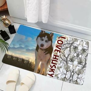 Carpets HX Love Husky Floor Mat Fashion Funny Animal Dogs 3D Printed Flannel Indoor Door Non-slip Bath Area Rug