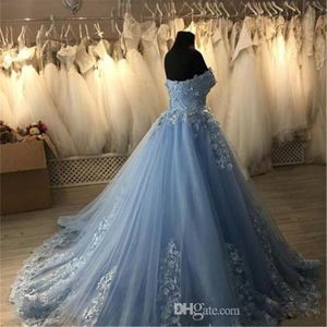 Ljusblå bollklänning aftonklänningar med 3D blommig applikation plus storlek balklänningar söta 16 klänningar älskling korsett tyll quinceanera 179e