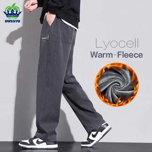 Męskie spodnie zimowe miękka tkanina liocell ciepłe flce swobodne spodnie męskie Mężczyźni elastyczna talia prosta gruba praca Korea Prace Flocking Spodni Mężczyzna Plus rozmiar Y240513