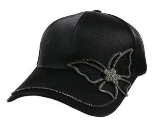 Winfox Fashion Black Rhinestone Butterfly Baseball Cap Girls Women Snapback Hip Hop Sun Hat3680733