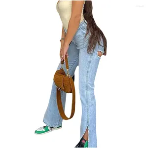 Kvinnors jeans y2k estetiska kvinnor låg midja hål rippade blossade byxor klockbottnar 2000s denim långa byxor höst streetwear