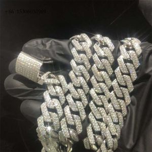 Pass -Tester Gra Moissanit Diamant 14mm Breite 2Rows Sterling Sier Cuban Link -Kette für Rapper Hip Hop Halskette