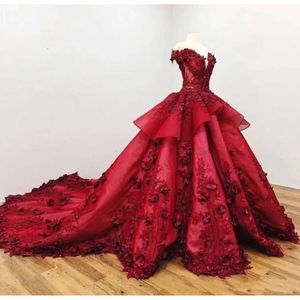 2024 فساتين Quinceanera التفاصيل ثلاثية الأزهار الأزهار ثوب الكرة داكن دفن دفن قبالة كتف حبات الكتف جوفاء الظهر الحلو 16 العباءات حفلة موسيقية 0513