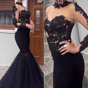 Black Sexy Prom Dresses Mermaid Lace Appliques Satin African Long Illusion Style Prom Gown Evening Dresses Robe De Soiree 180A