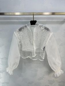 レディースジャケット2024春/夏服を着る白い輝くビーズハンドメイドフラワーシャツショートコート0409