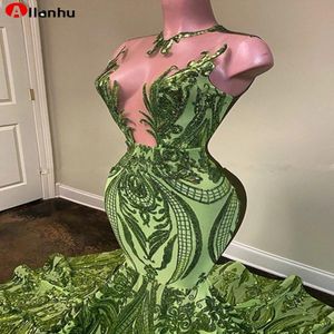 Ny Sparkly paljett Olive Green Mermaid African Prom Dresses 2022 Black Girls Long Graduation Dress Plus Size Formell aftonklänningar XWY01 2221
