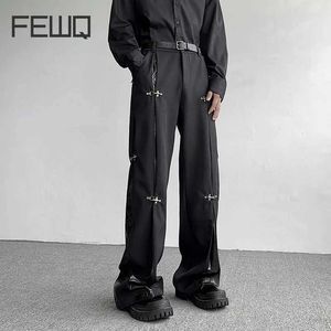 Men's Pants FEWQ Mens Pants Autumn and Winter Metal Buckle Design PU Leather Panel 2023 New Solid Dark Mens Trousers 24X1740L2405