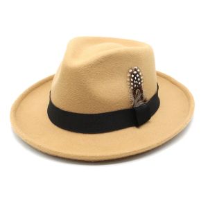 Autumn Woolen Feather Fascynator Bowler Hat Women British Retro Rolled Party Fedora Hat Men's Casual Filt Cap