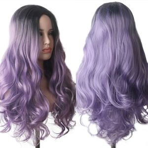 Ny färgad gradvis förändring Wig Full Top Womens Split Long Curly Hair Big Wave Wig Cover Chemical Fiber huvudbonader