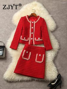 Work Dresses ZJYT Red Tweed Jacket Skirt Suit Two Piece Womens Outfit Elegant Autumn Winter Party Dress Sets 2024 Fashion Female Clothes Set